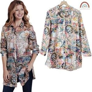 Soft Surroundings Kira Paisley Button Down Shirt Tunic Longline Blouse Top